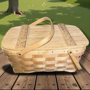 Basketville Vintage Wooden Picnic Basket Hinge Lid Vermont Handwoven Large MCM